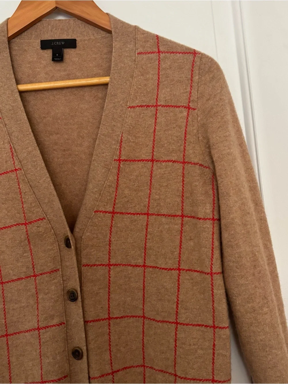 J Crew wool cashmere blend windowpane plaid cardigan Small tan red v neck